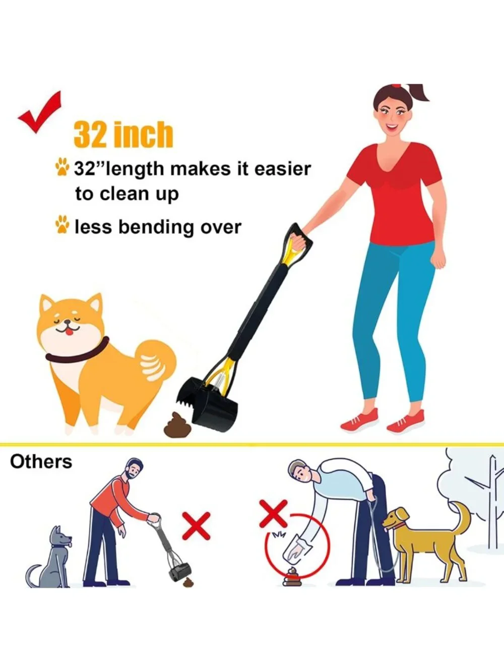 Heavy Duty 32” Tall Pooper Scooper for Dogs, Long Handle, Foldable & Durable
